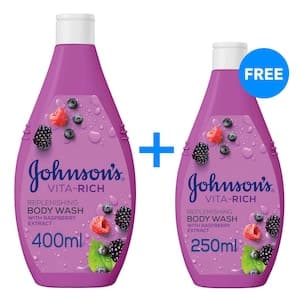 Johnson's  Vita-Rich Replenishing Body Wash With Raspberry Extract 400ml+250ml
