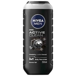 NIVEA MEN 3in1 Shower Gel Body Wash Active Clean Charcoal Woody Scent 250ml
