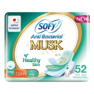 Sofy Anti-Bacterial Musk Slim Sanitary Pads With Wings Large White 52 Pads