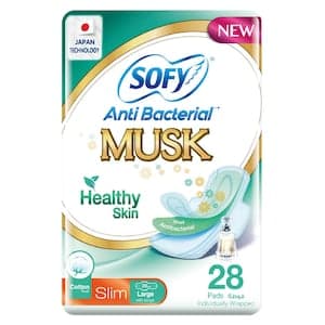 Sofy Anti-Bacterial Musk Slim Sanitary Pads With Wings Large White 28 Pads
