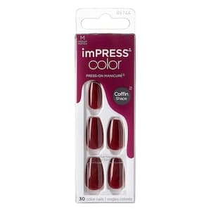 Kiss Impress Colour Press-On Manicure Coffin Shape False Nails 86743 Medium Winery In NYC 30 PCS