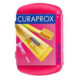 Curaprox Be You Gentle Everyday Whitening Toothpaste Grapefruit and Bergamot with Toothbrush Travel Set Magenta