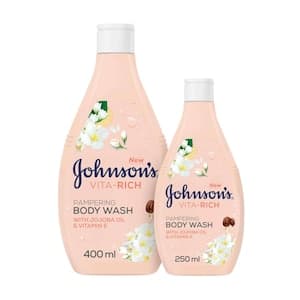Johnson's Pampering Body Wash with jojoba oil & vitamin E 400ml + 250ml FREE