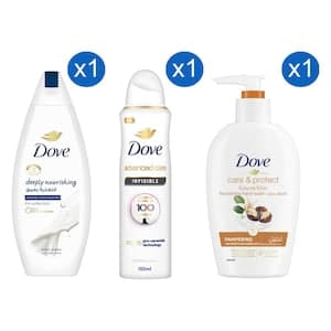 Dove Deeply Nourishing Body Wash with Care & Protect Pampering Shea Butter and Warm Vanilla Scent Nourishing Hand Wash and Advanced Care Invisible Anti-Perspirant Deodorant Spray 250ml+250ml+150ml