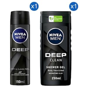 Nivea Deep Dry and Clean Feel Anti-Perspirant Deodorant Spray for Men, 150ml + Nivea Deep Clean Microfine Clay Body, Face and Hair Shower Gel for Men, 250ml