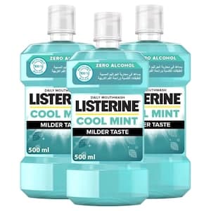 Listerine Zero Alcohol Milder Taste Daily Mouthwash Super Saver Pack, Cool Mint, 500ml Pack of 3