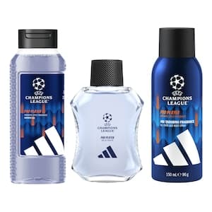 Adidas UEFA Champions League Pro Player Eau De Toilette, 100ml + UEFA Champions League Pro Player Deodorant Body Spray, 150ml + UEFA Champions League Pro Player 3-in-1 Shower Gel, 250ml