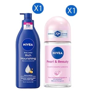Nivea Rich Nourishing Body Lotion for Dry To Very Dry Skin, 400ml + Pearl & Beauty Anti-Perspirant Deodorant Roll-on, 50ml
