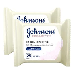 Johnson's Extra-Sensitive Micellar Facial Wipes for All Skin Types 25 Wipes, Pack of 2