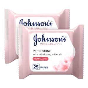 Johnson's Refreshing Micellar Facial Wipes for Normal Skin 25 Wipes, Pack of 2