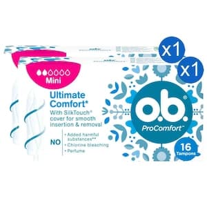 o.b. ProComfort Mini Tampons With SilkTouch Cover for Smooth Insertion and Removal, 16 Tampons, Pack of 2