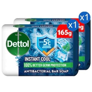 Dettol Instant Cool Antibacterial Bar Soap Cooling Sensation, 165g, Pack of 2