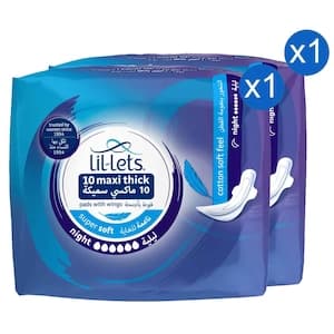 Lil-Lets Maxi Thick Night Pads with Wings, 10 Pads, Pack of 2