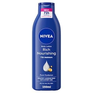 NIVEA Body Lotion for Dry to Very Dry Skin, Rich Nourishing with Pure Hyaluron, 72H Intense Moisture, 250ml