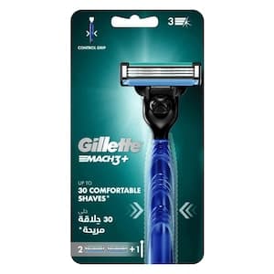 Gilette Mach3 Razor Handle With Blades Silver 3 Razors