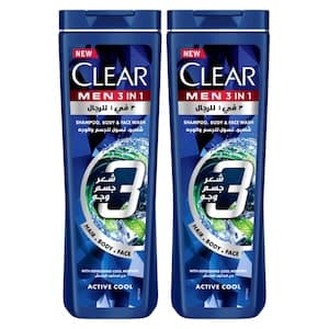 Clear Men 3in1 Shampoo Body + Face Wash Active Cool 400ml Pack of 2