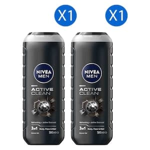 Nivea Men Active Clean Refreshing Plus Active Charcoal 3-in-1 Shower Gel, 500ml Pack of 2