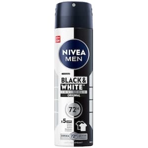 NIVEA MEN Black & White Invisible Antiperspirant Deodorant Spray, Original, 72H Active Protection, 5IN1, 150ml