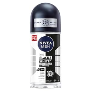 NIVEA MEN Black & White Invisible Antiperspirant Roll-On Deodorant, Original, 72H Active Protection, 5IN1, 50ml